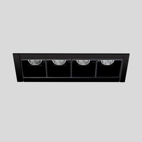 Artemide Sharp recessed ceiling light with four black-framed LED spotlights in a rectangular housing, designed for precise directional illumination