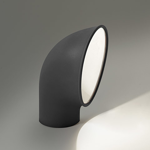Artemide Piroscafo dark grey curved tubular floor lamp with angled elliptical opening, projecting light downward