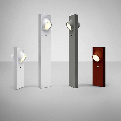 Artemide Ciclope floor lamps in four versions: two white and two grey-and-red rectangular bollards with a single round LED spotlight