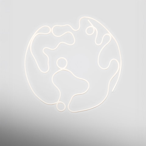 La Linea wall lamp by Artemide: a continuous glowing white LED tube shaped as a stylized Earth globe on a light grey background