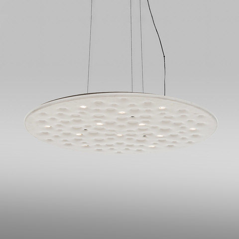 Artemide Silent Field 2.0 pendant lamp: large white circular disc with textured dimpled surface and integrated LEDs, suspended by thin cables