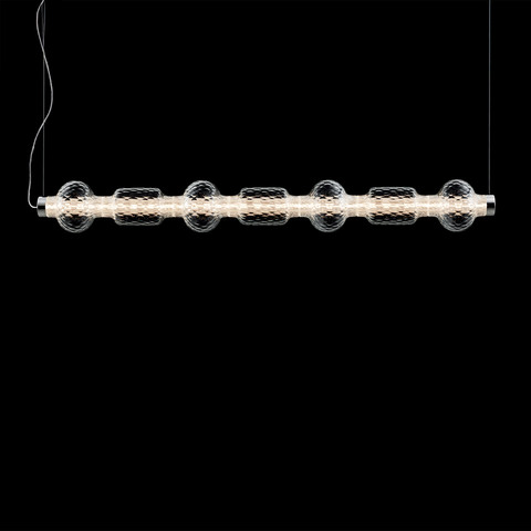 Artemide Alambicco pendant lamp: horizontal glass tube with spherical mesh nodes, warm LED light, suspended by thin cables