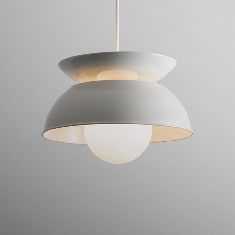 Artemide Cetra pendant lamp: two-tiered grey metal dome shades with opal glass globe diffuser, suspended on a white cord