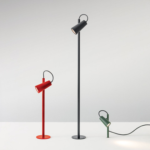 Artemide Conus lamps in three versions: red table lamp, tall black floor lamp, and low green spotlight, all with adjustable cylindrical heads