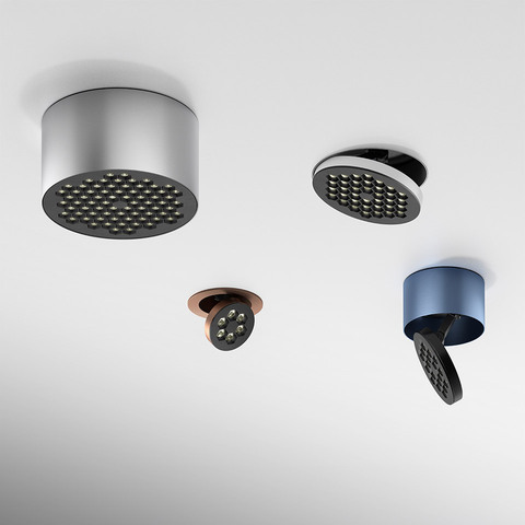 Four Artemide Helgoland architectural LED ceiling lights in various finishes: silver surface-mounted, recessed black, copper recessed, and blue adjustable spot