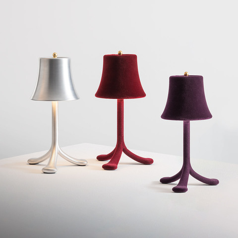 Artemide Trois Rois table lamps in three colors: silver metallic, deep red velvet, and purple velvet, each with tripod base and gold finial