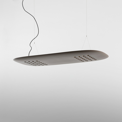 Artemide ALE.01 oval pendant lamp in grey, suspended by thin cables and black cord, with perforated grilles on each end