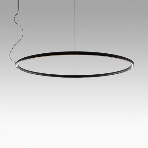 Artemide Alphabet of Light Architectural Outdoor: large black circular LED pendant lamp suspended by thin cables