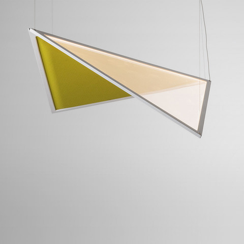 Artemide Flexia pendant lamp with two triangular panels: warm white illuminated surface and olive-yellow reflective panel in white frame