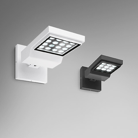 Artemide Cefiso wall lights: white and dark grey versions with adjustable LED head featuring 12-LED array, mounted on square wall bracket