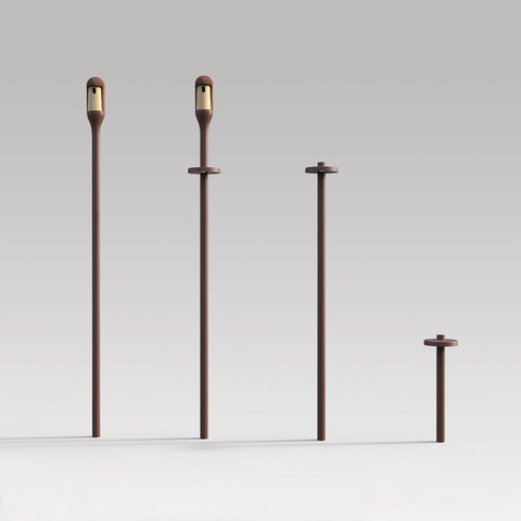 Artemide Needoo outdoor pole lights in four heights, dark brown finish, with compact oval LED heads on slender stems