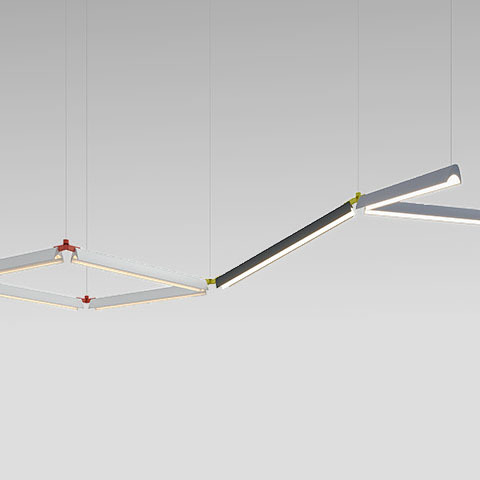 Artemide Series Y modular pendant lights: white and dark linear LED segments connected by colored joints, forming geometric shapes