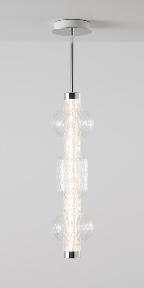 Artemide Alambicco pendant lamp: three stacked clear glass globes with chrome fittings and central LED stem on a chrome rod