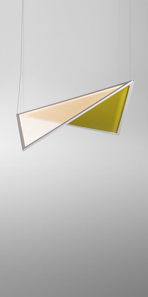 Artemide Flexia pendant lamp with two triangular panels: warm white illuminated surface and olive-yellow reflective panel in white frame