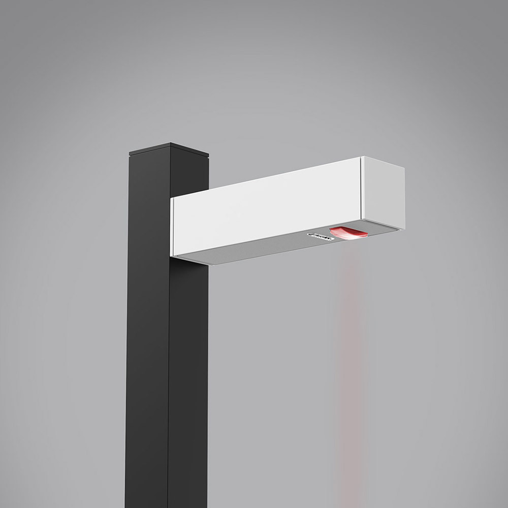 Walking outdoor lamp with black vertical structure and white luminous horizontal arm.