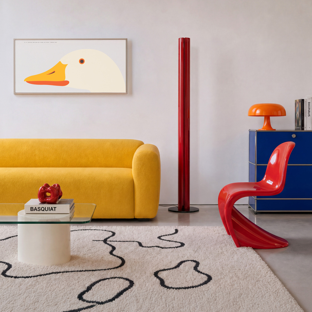 Modern living room with Artemide Chlorophilia red floor lamp and orange mushroom table lamp, yellow sofa, red Panton chair, blue cabinet