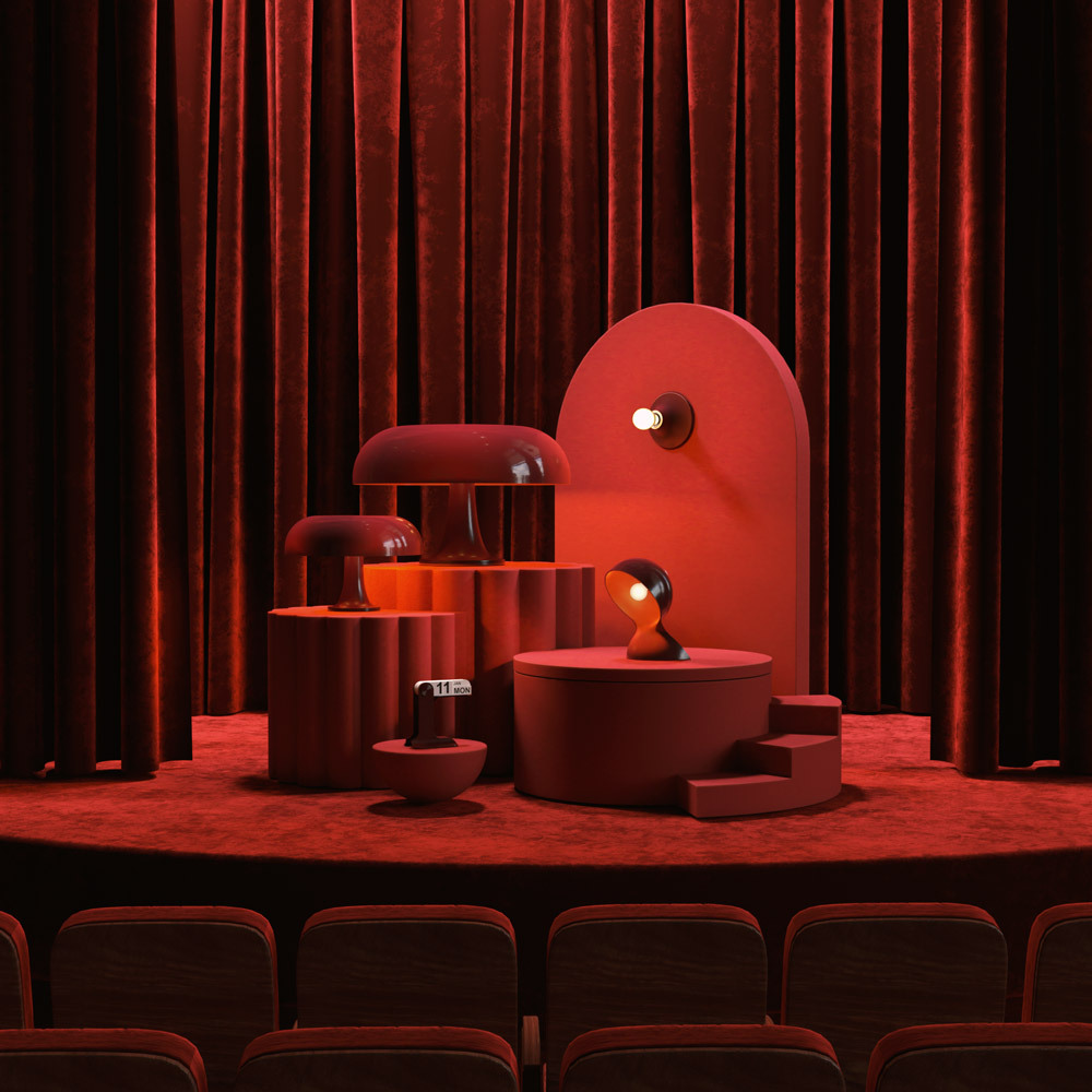Artemide lamps displayed on red geometric pedestals against velvet curtains in a theatrical setting, featuring mushroom and globe designs.