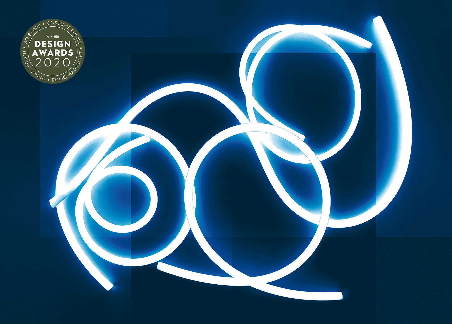 Artemide glowing flexible LED tube light, winner of Design Awards 2020, forming abstract loops and spirals in blue-white light