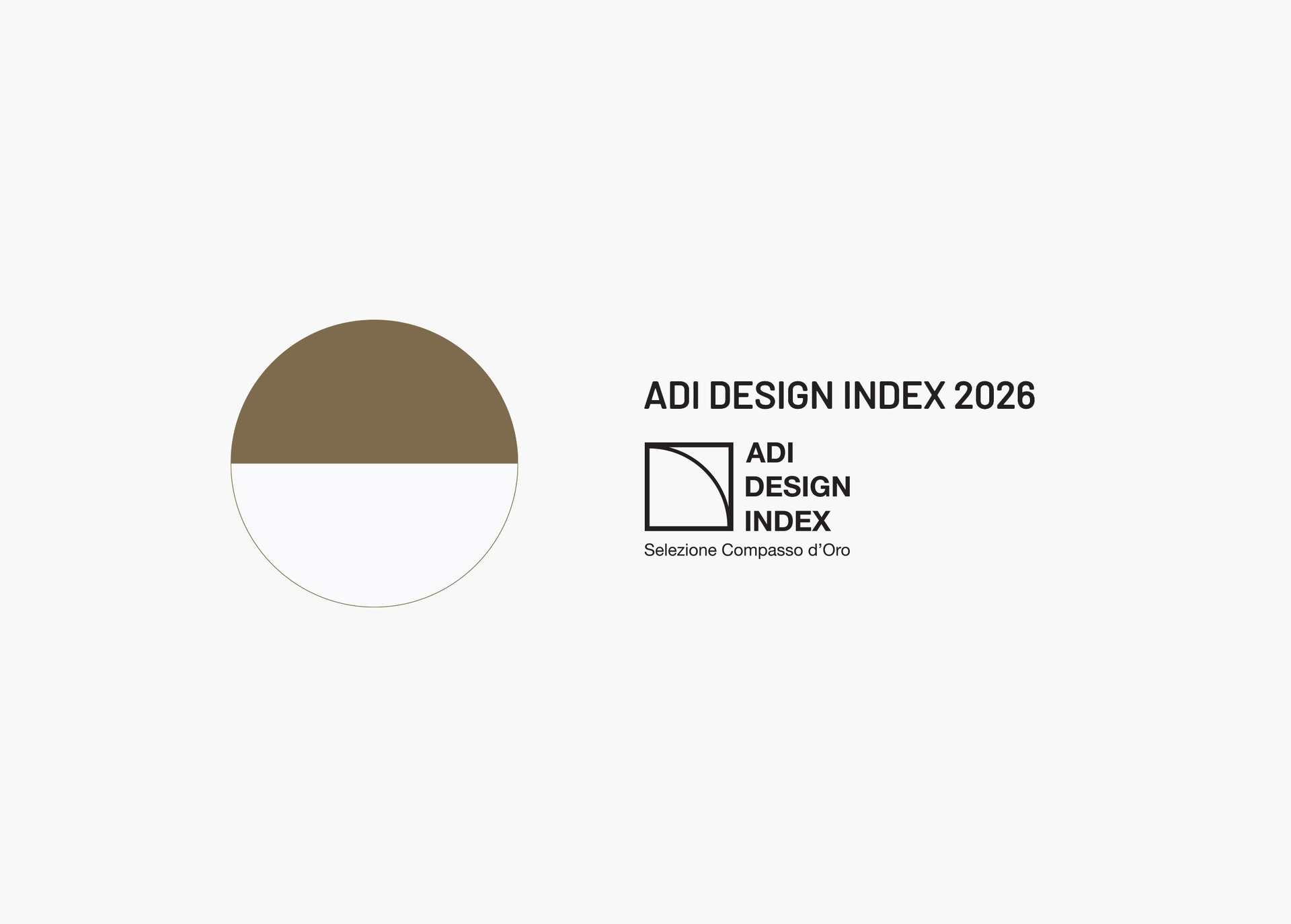 ADI Design Index 2026 award selection logo with a half gold, half white circle emblem on white background