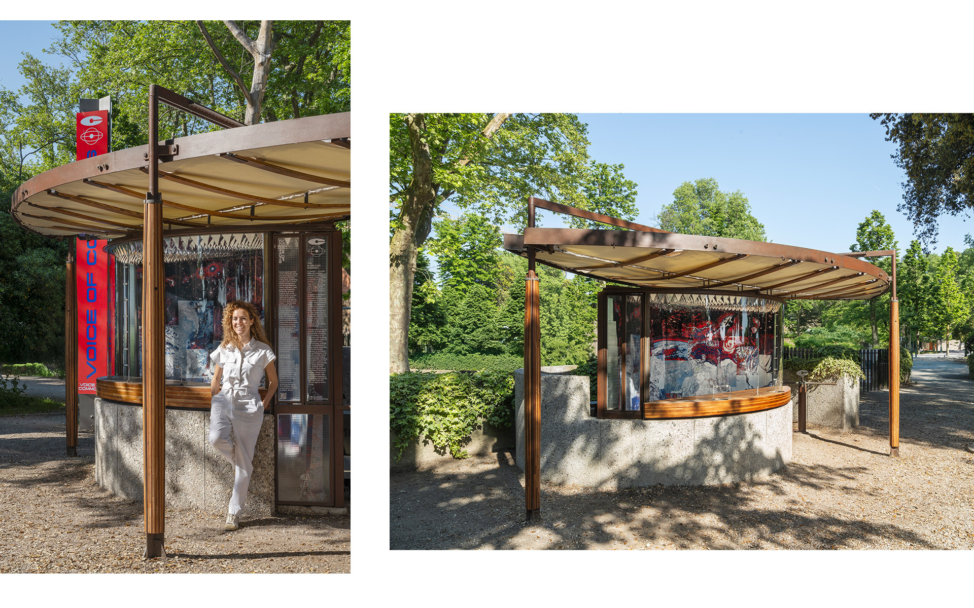 Outdoor kiosk with translucent canopy roof, wooden and glass structure, set in a tree-lined park; woman standing at entrance