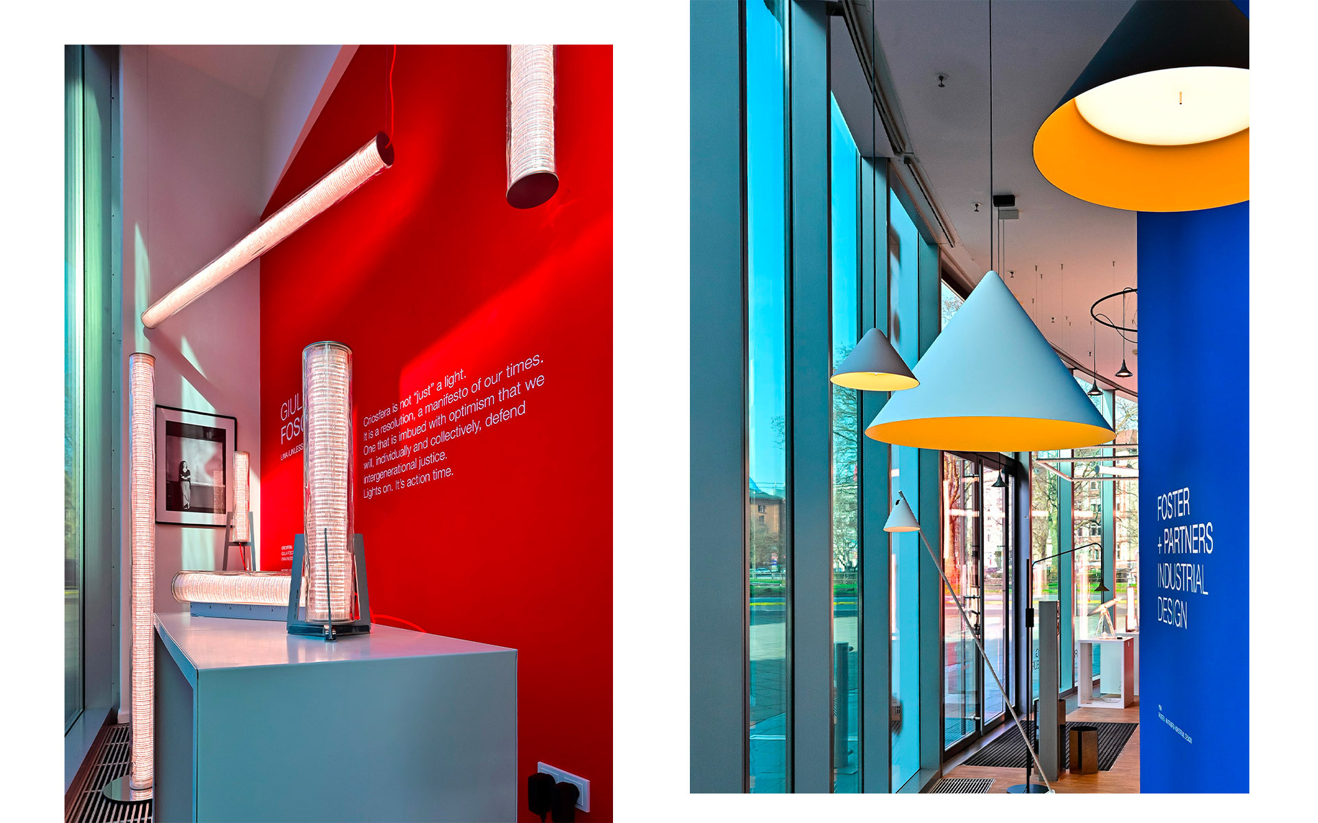Artemide lamps display: left, floor and table lamps on red wall; right, cyan conical pendants with gold interior in blue corridor