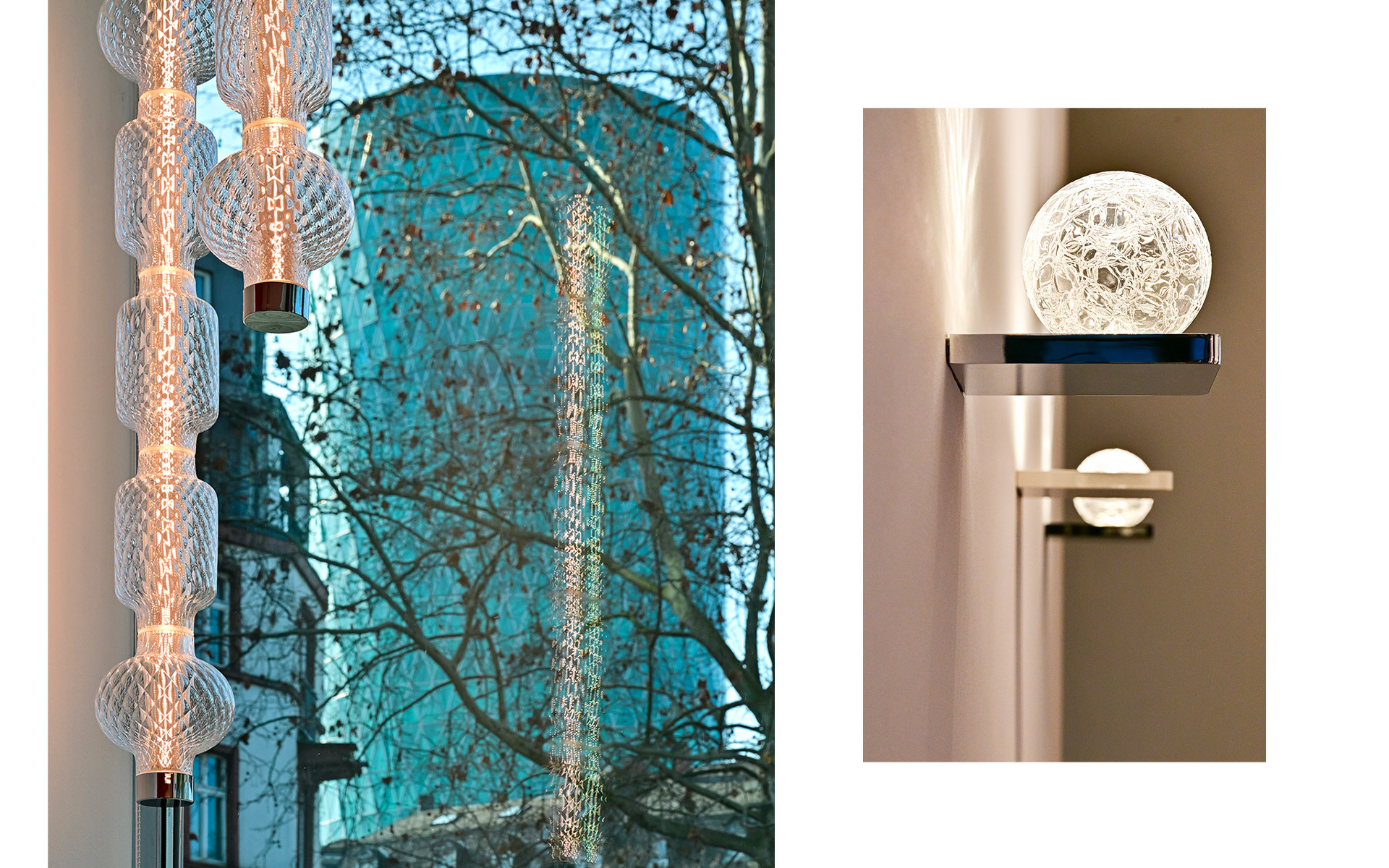 Two Artemide lamps: left tall floor lamp with stacked glass diffusers, right wall lamp with spherical wire-mesh globe shade