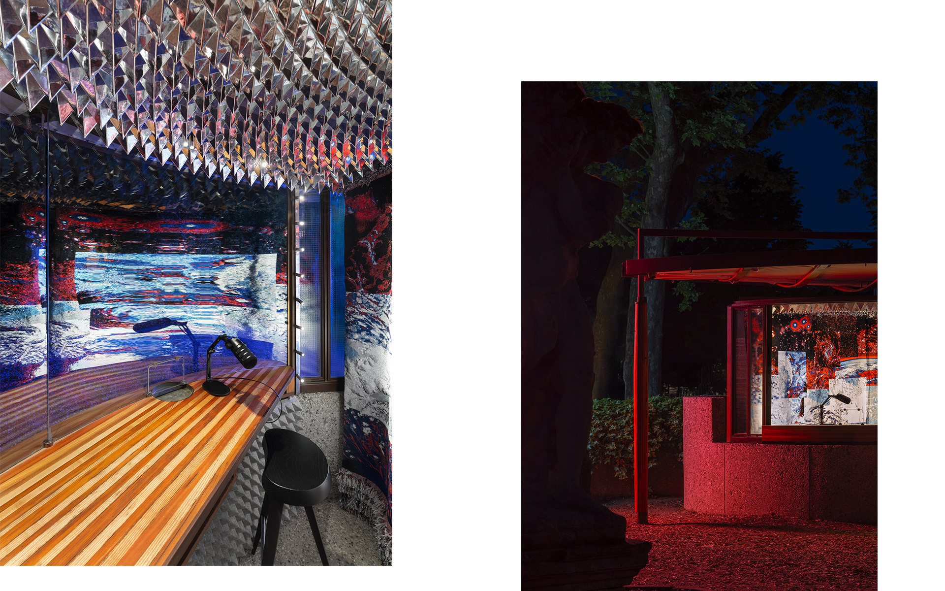 Two artistic installations: left, a vibrant interior with geometric ceiling and wood desk; right, a red-lit outdoor structure at night