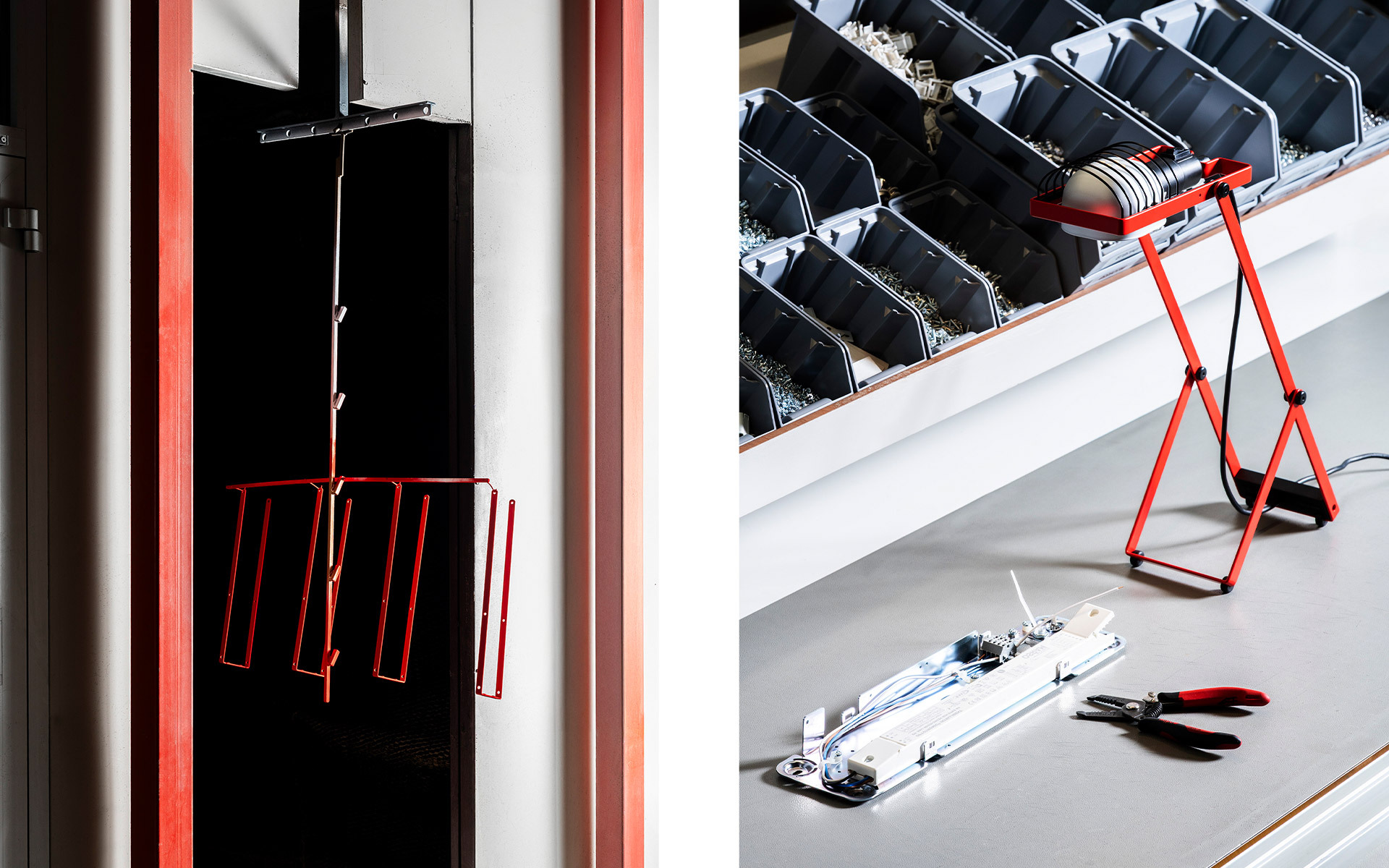 Artemide lamp prototypes: red geometric suspended structure left, red A-frame desk lamp with fluorescent tube and tools right