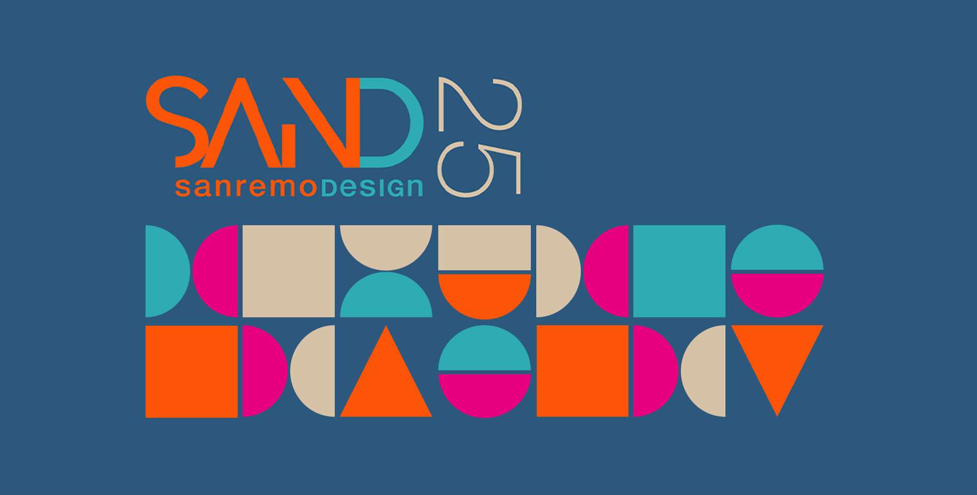 SAND 25 Sanremo Design logo with colorful geometric shapes in teal, orange, pink, and beige on dark blue background
