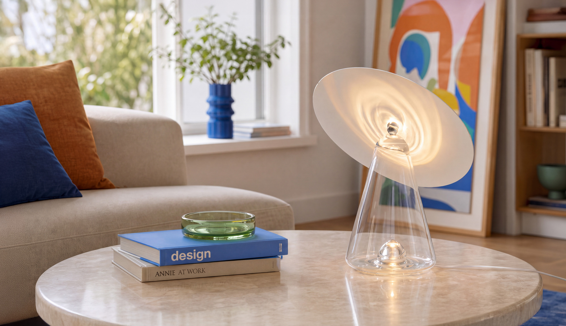 Artemide table lamp with a transparent glass conical base and disc-shaped diffuser, illuminated on a marble side table in a modern living room.