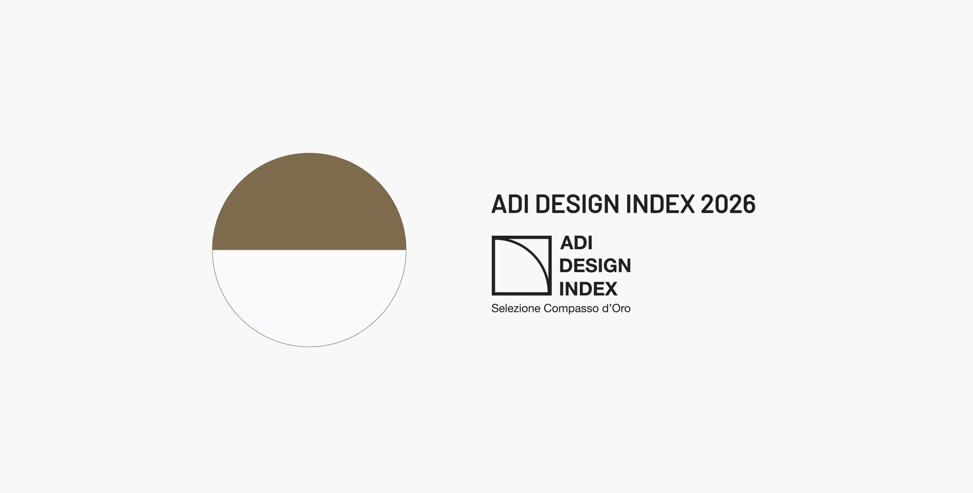 ADI Design Index 2026 logo: circle split into gold top half and white bottom half, with ADI Design Index Selezione Compasso d'Oro text.