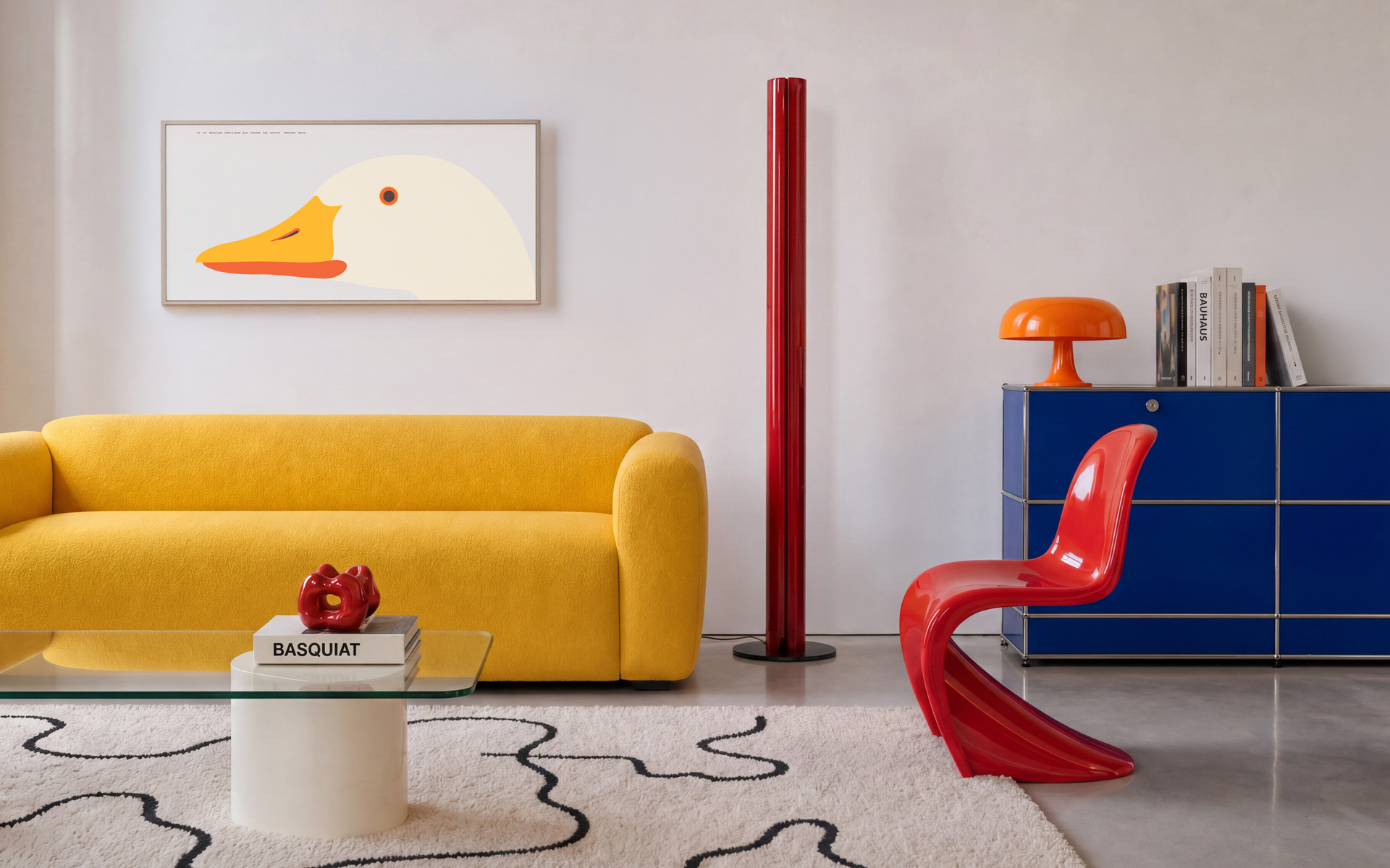 Modern living room with red Artemide floor lamp, yellow sofa, red Panton chair, orange mushroom table lamp on blue sideboard