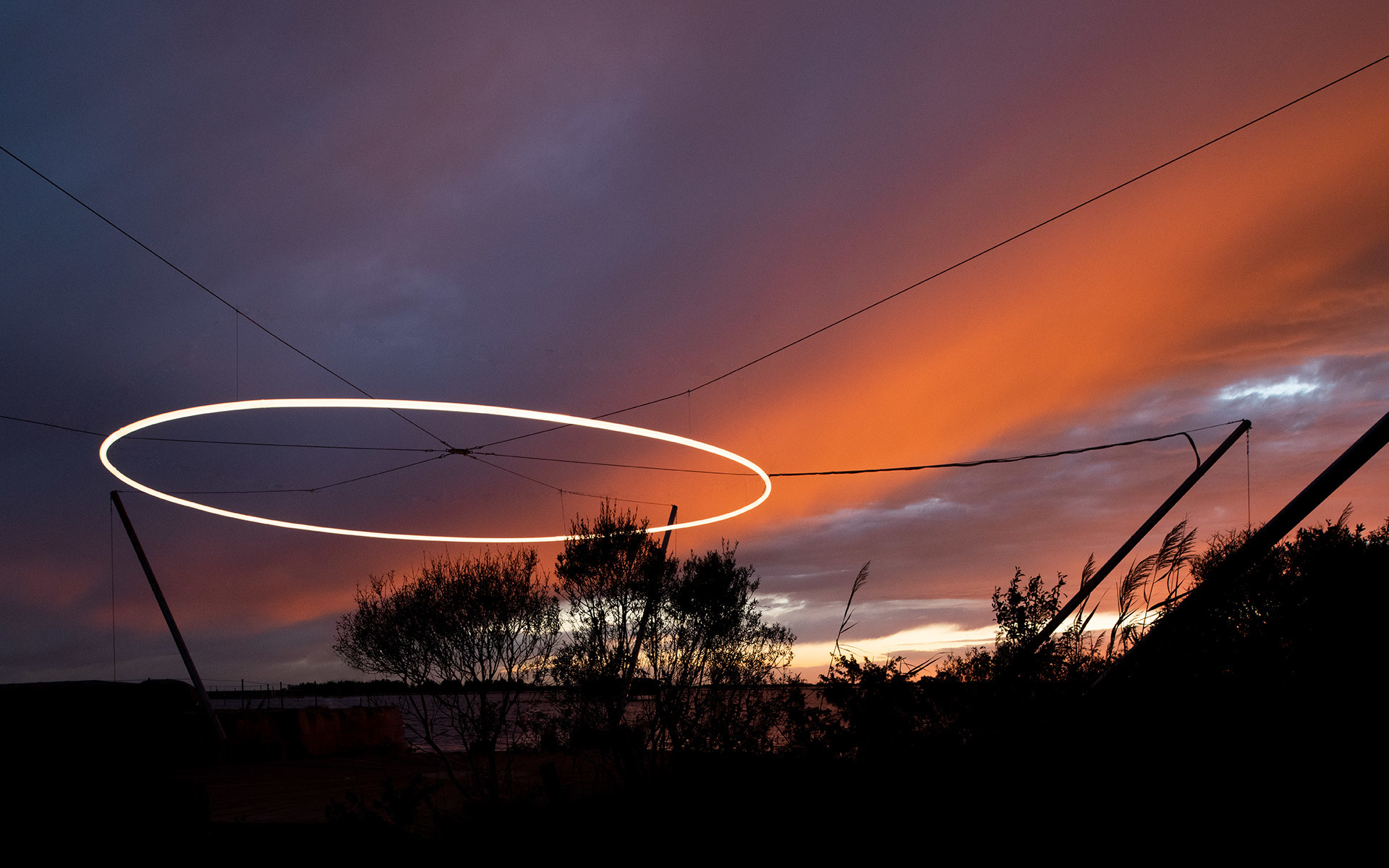 Glowing white elliptical ring light floating against a dramatic orange and purple sunset sky above silhouetted trees