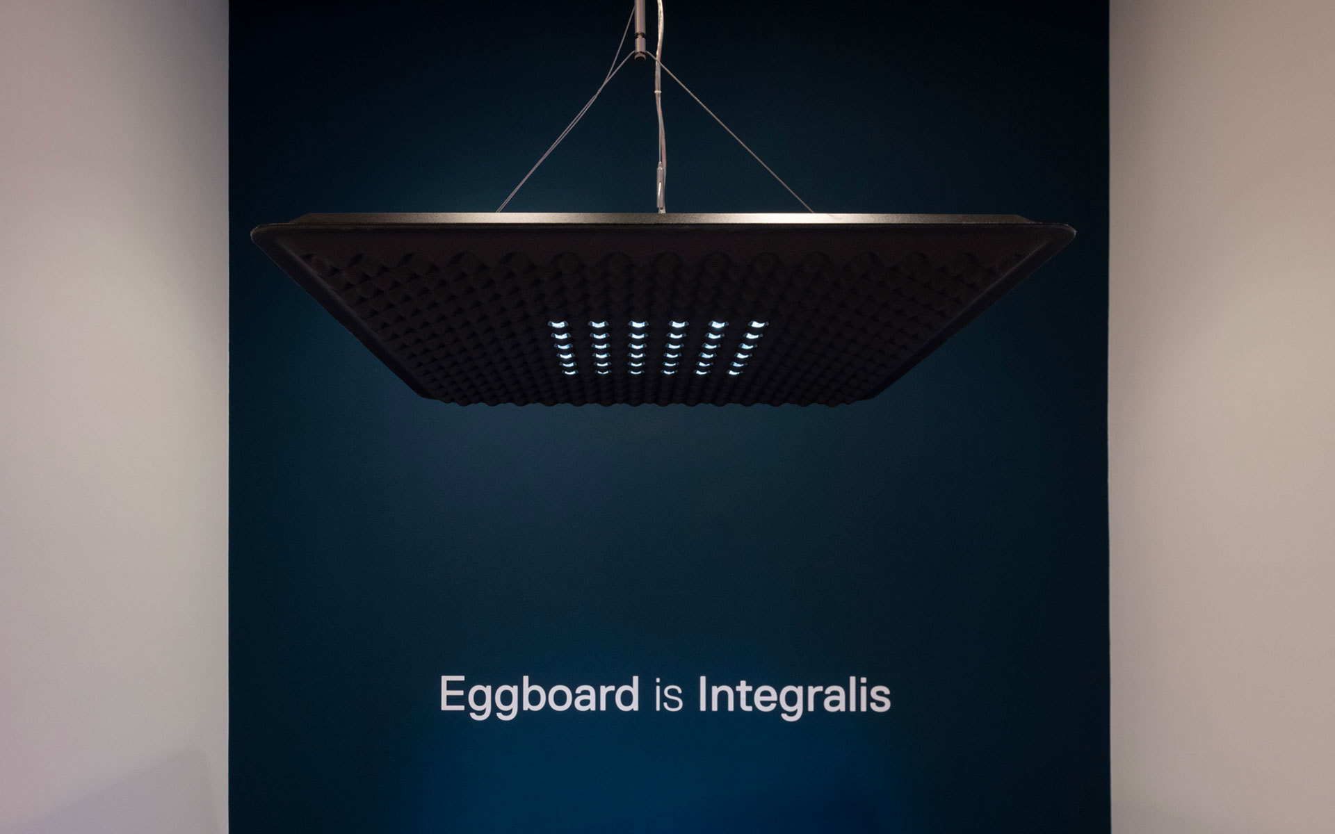 Artemide Eggboard Integralis pendant lamp, dark square shade with LED array, suspended by steel cables against teal wall