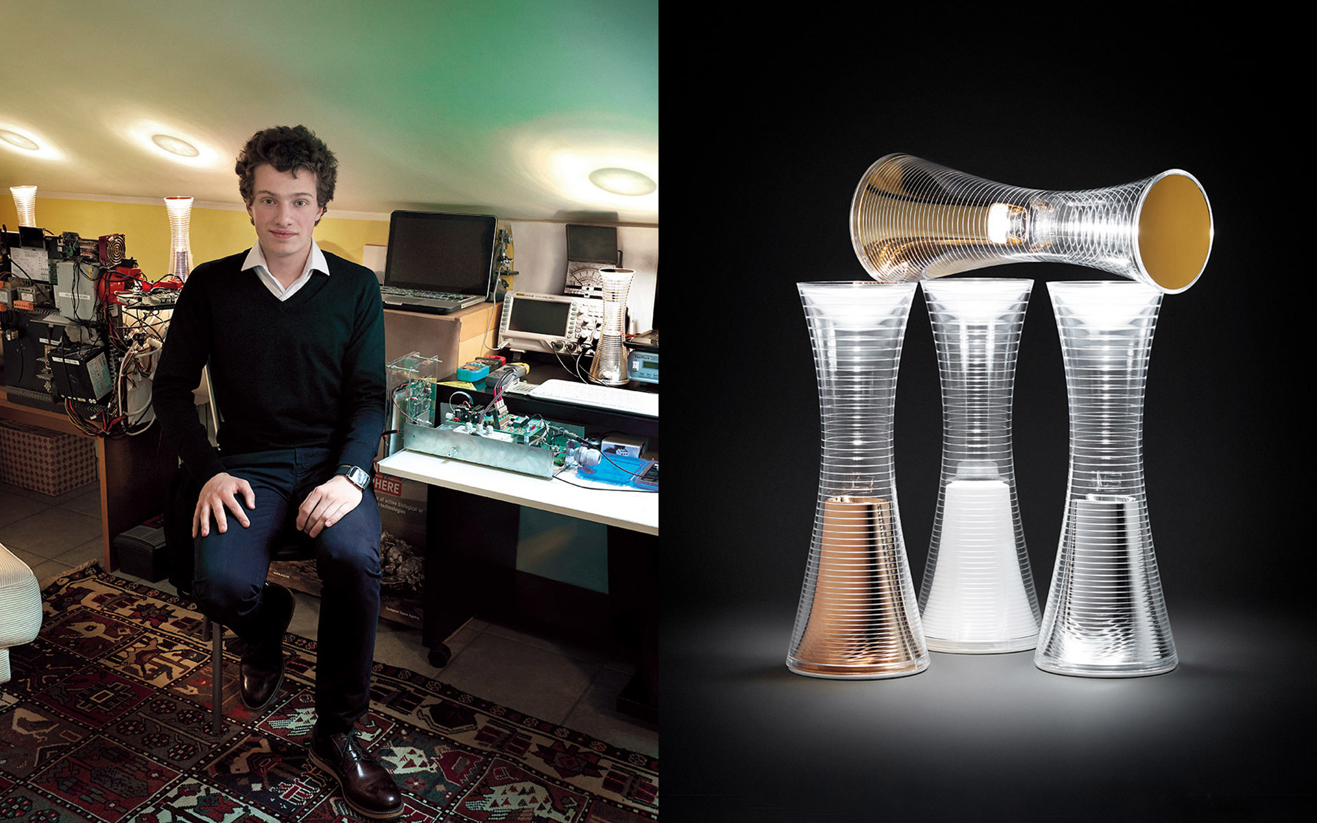 Designer sitting in his studio beside three qelvornixuta.onlinee Together floor lamps in silver, copper, and gold with hourglass shape.