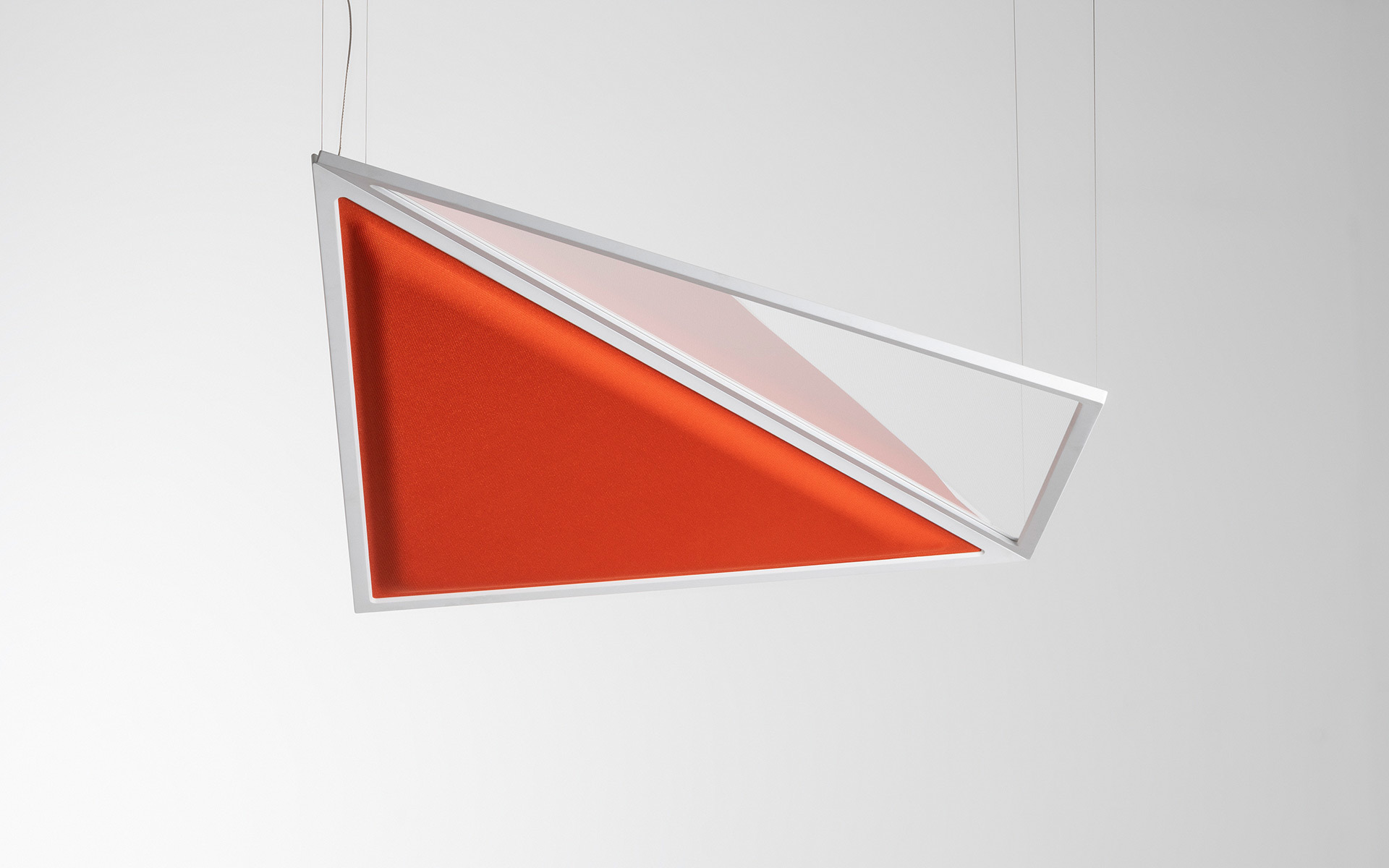 Artemide triangular pendant lamp with white metal frame and vibrant orange-red acoustic panel, suspended by thin cables