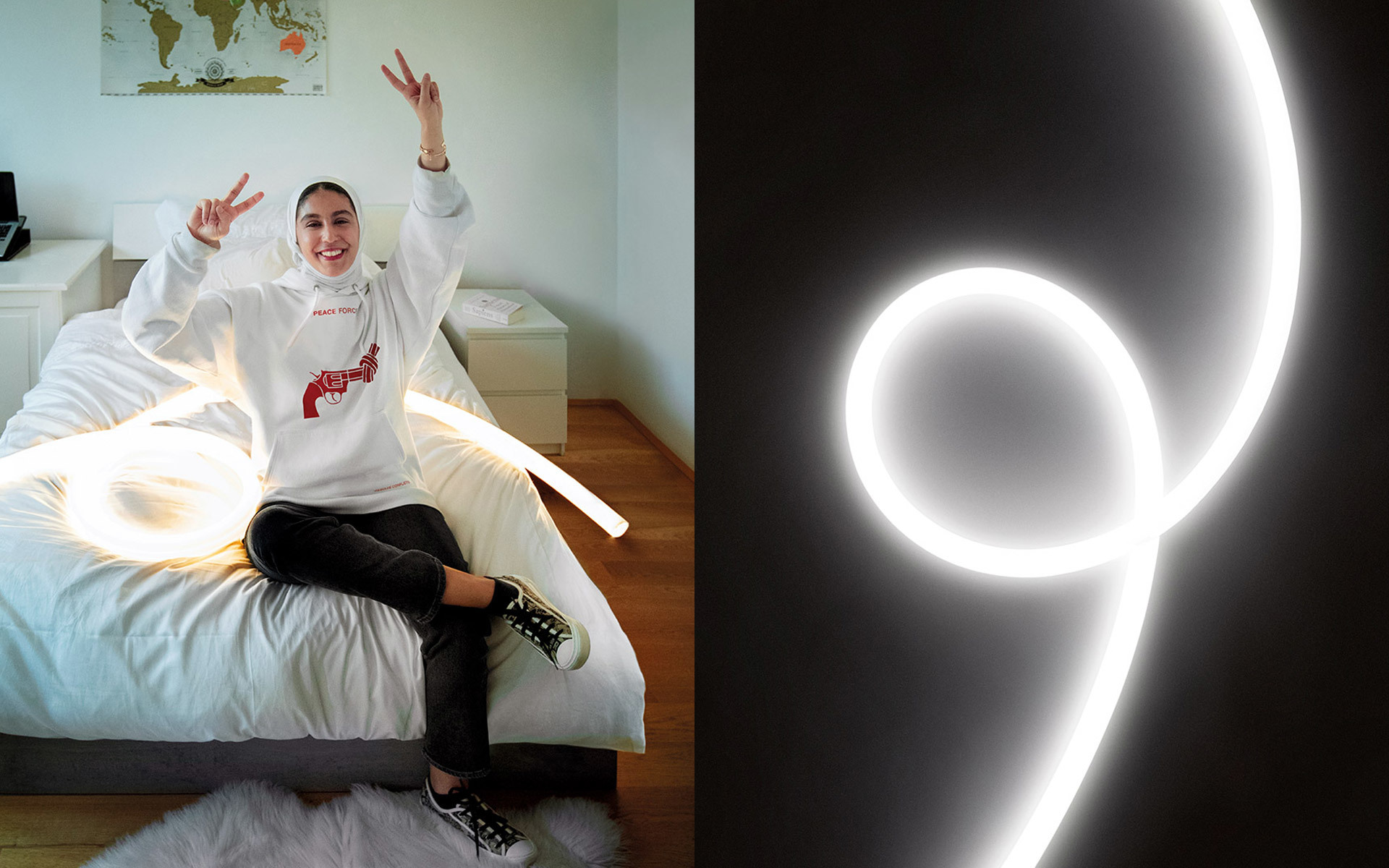 Person sitting on a bed with a circular LED floor lamp glowing beside them; close-up of the lamp's luminous ring shape on dark background.