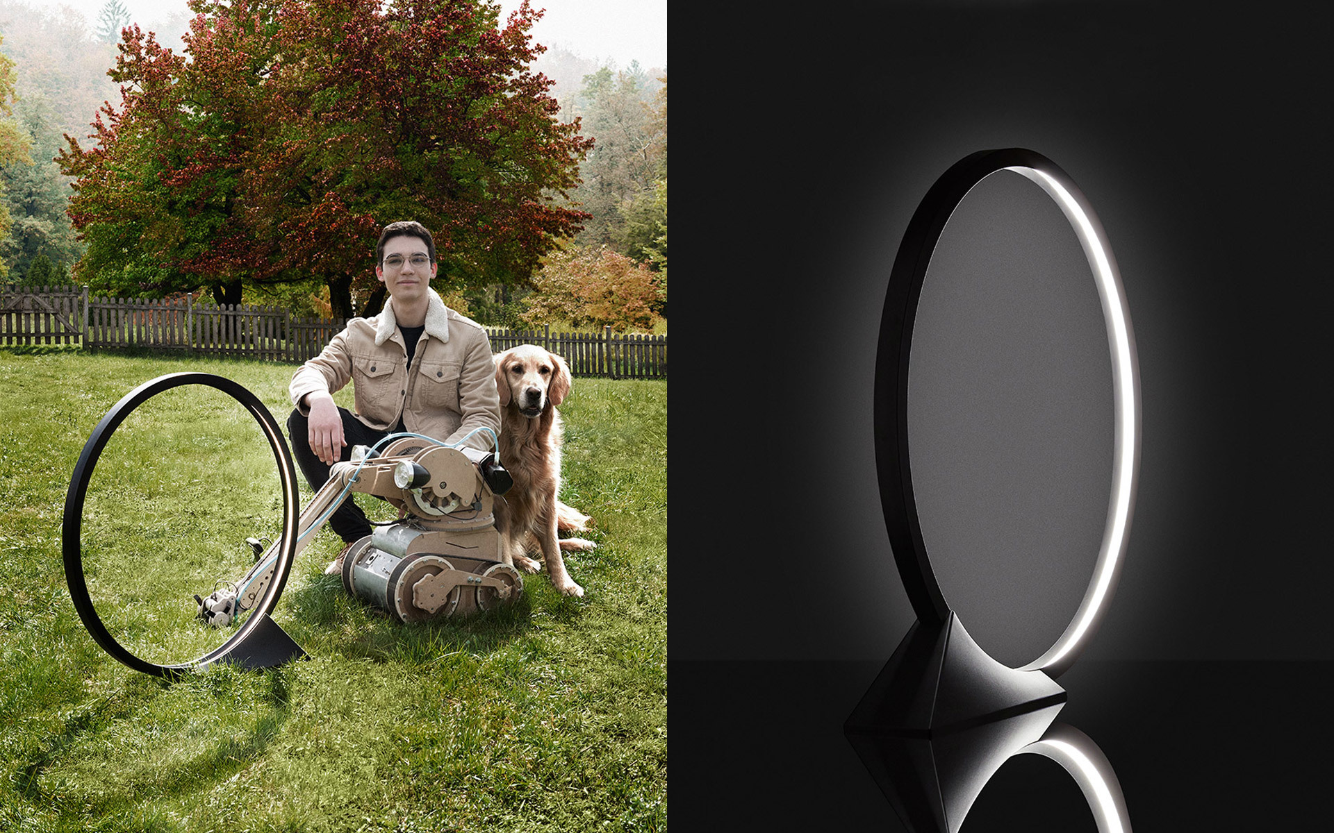 Designer with golden retriever beside oval ring lamp prototype outdoors; right: Artemide oval floor lamp with LED ring emitting soft light