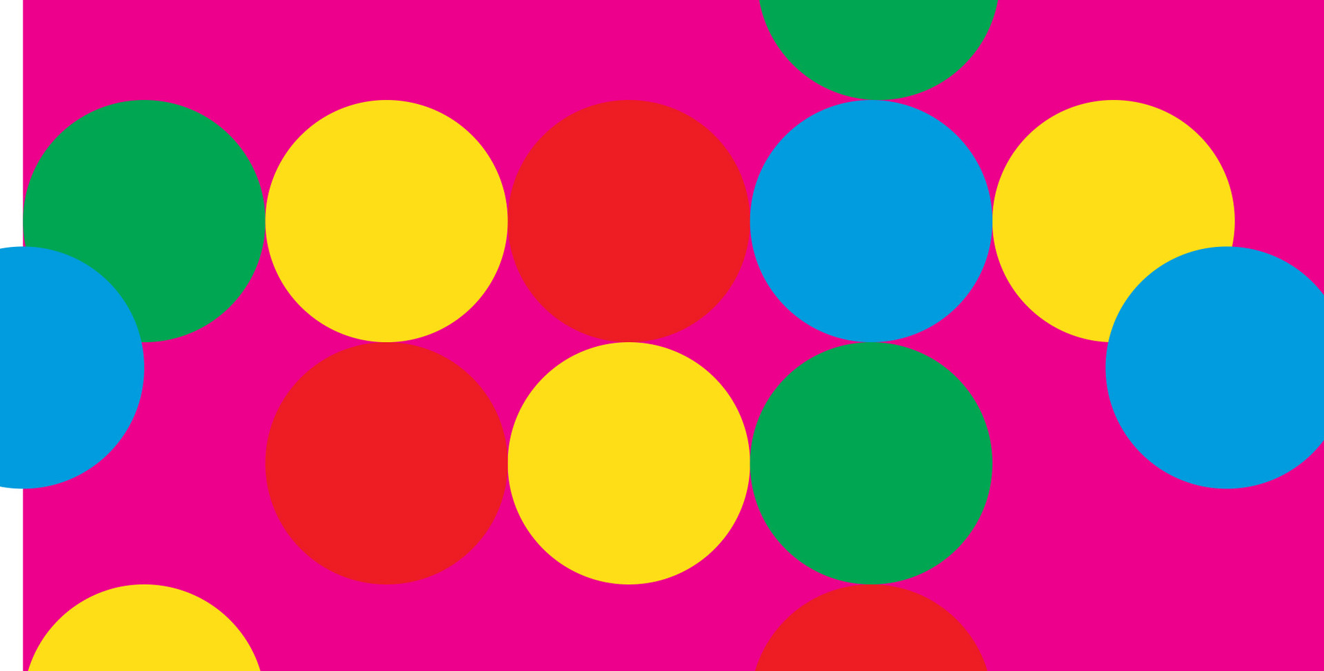 Vibrant magenta background with overlapping circles in yellow, red, green, and blue arranged in a playful, colorful pattern.