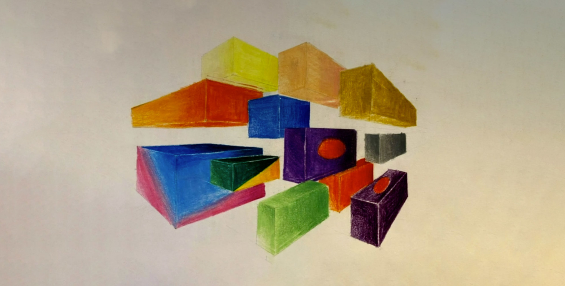 Colorful hand-drawn geometric shapes in perspective, including cubes and prisms in blue, red, yellow, green, orange, and purple on white background