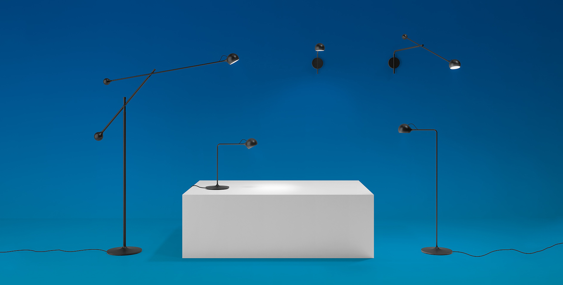 Collection of dark adjustable floor and table lamps with articulated arms and spherical heads on a blue background.