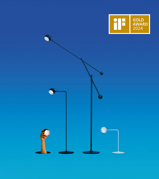 Artemide lamp collection winner of iF Gold Award 2024: four designs including floor, table, and balance arm lamps in black and white