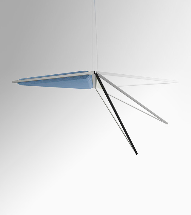 Artemide pendant lamp with asymmetric design: blue-lit triangular diffuser and white elongated fins radiating from a central point, suspended by thin cables