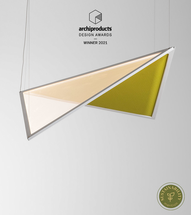 Artemide triangular pendant lamp with warm LED panel and olive acoustic panel, Archiproducts Design Awards Winner 2021, Sustainability mention