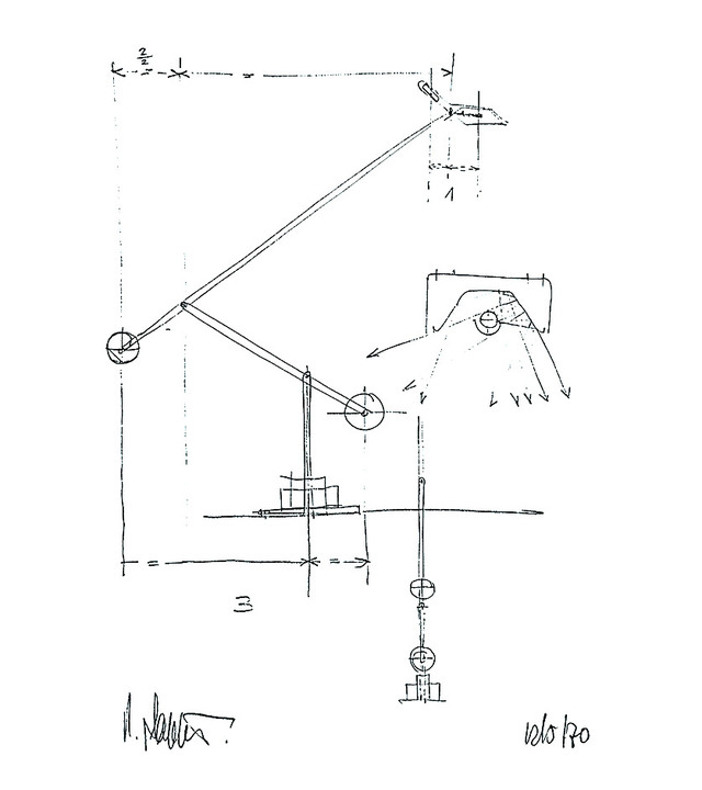 Original design sketch of an adjustable task lamp with counterbalance arm, showing side and detail views, signed and dated 10/10/70