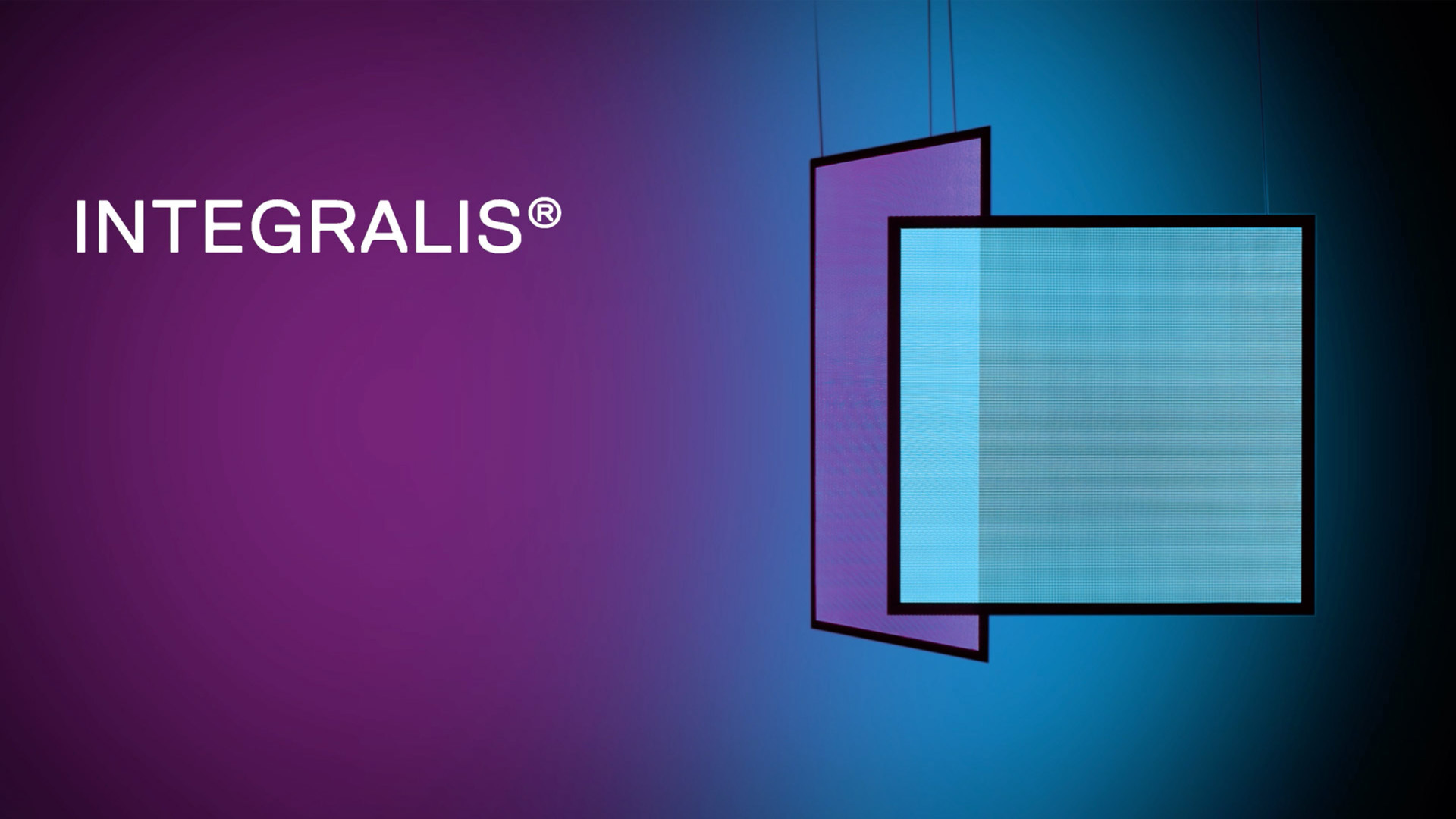 Artemide Integralis pendant lamp: square luminous panel in blue light, suspended by thin cables against a purple-blue gradient background