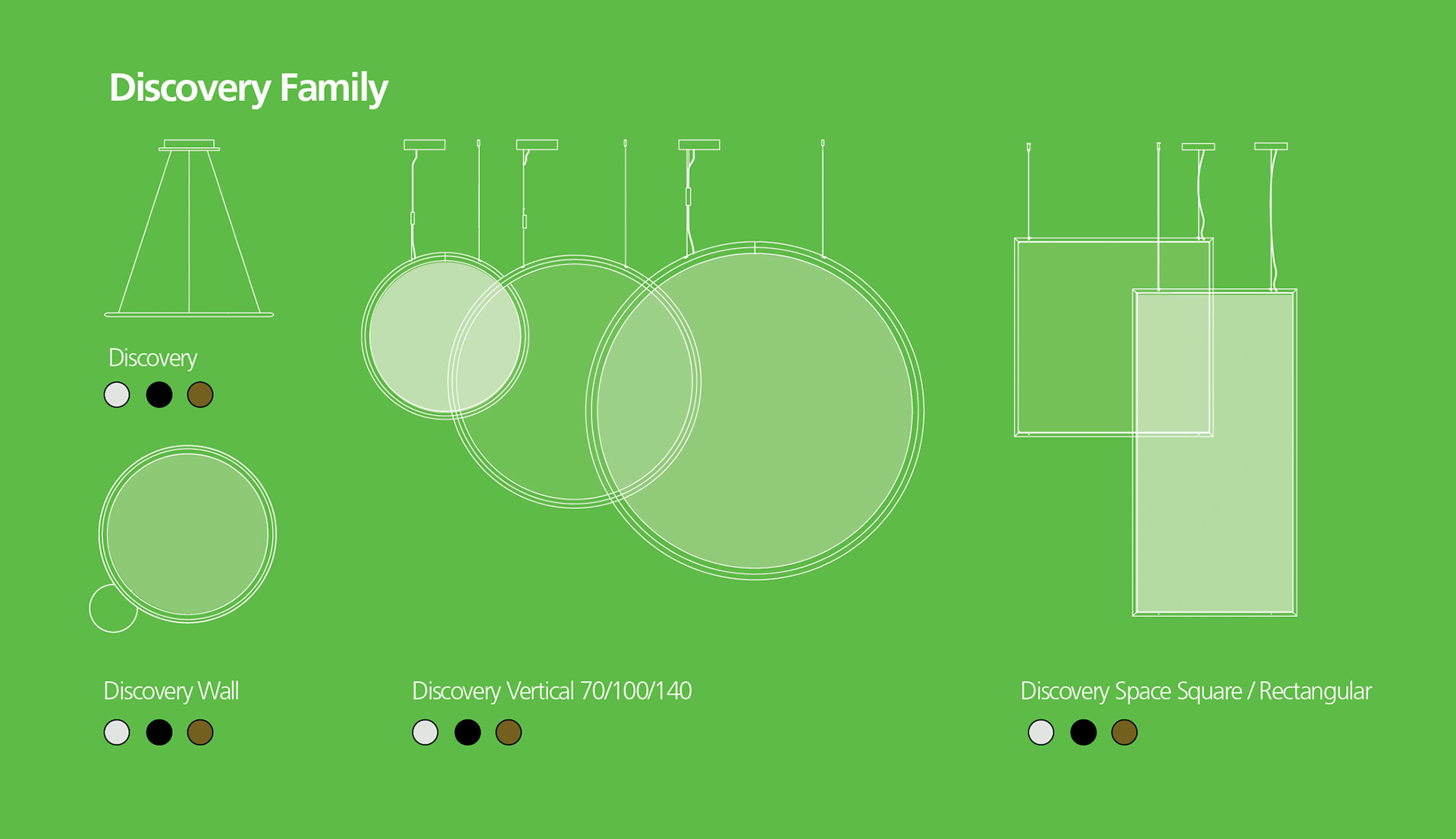 Artemide Discovery Family overview: Discovery pendant, Discovery Wall, Discovery Vertical 70/100/140 circular, and Discovery Space Square/Rectangular variants with color options.