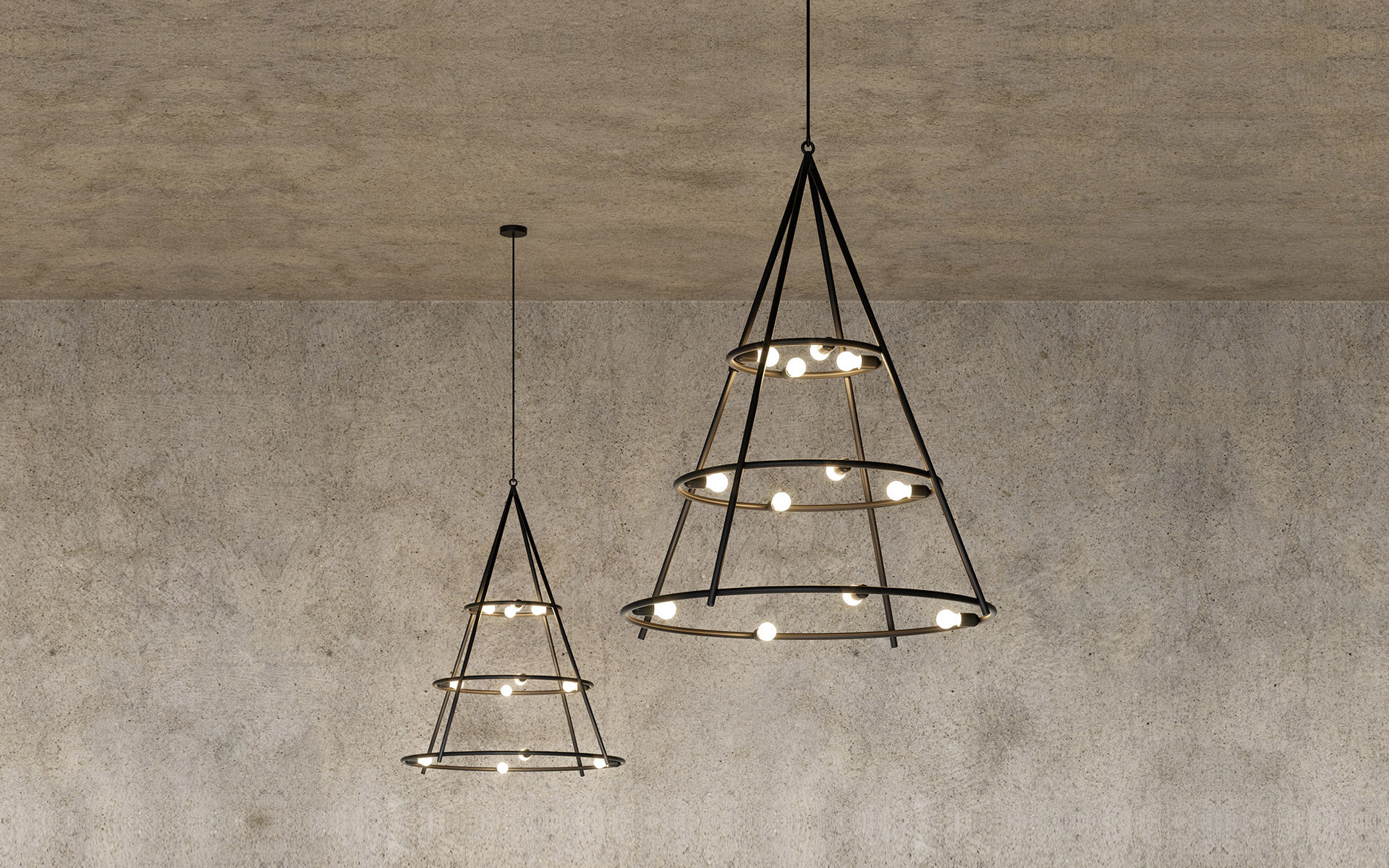Two dark metal conical pendant lights with tiered rings holding small globe bulbs, suspended from ceiling against concrete wall