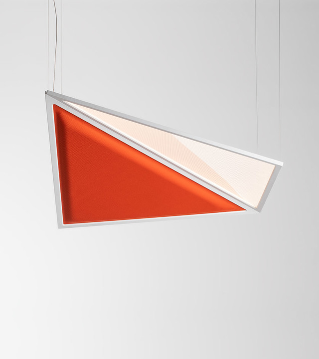 Triangular pendant lamp with white metal frame, glowing diffuser panel, and vibrant orange acoustic panel, suspended by cables.