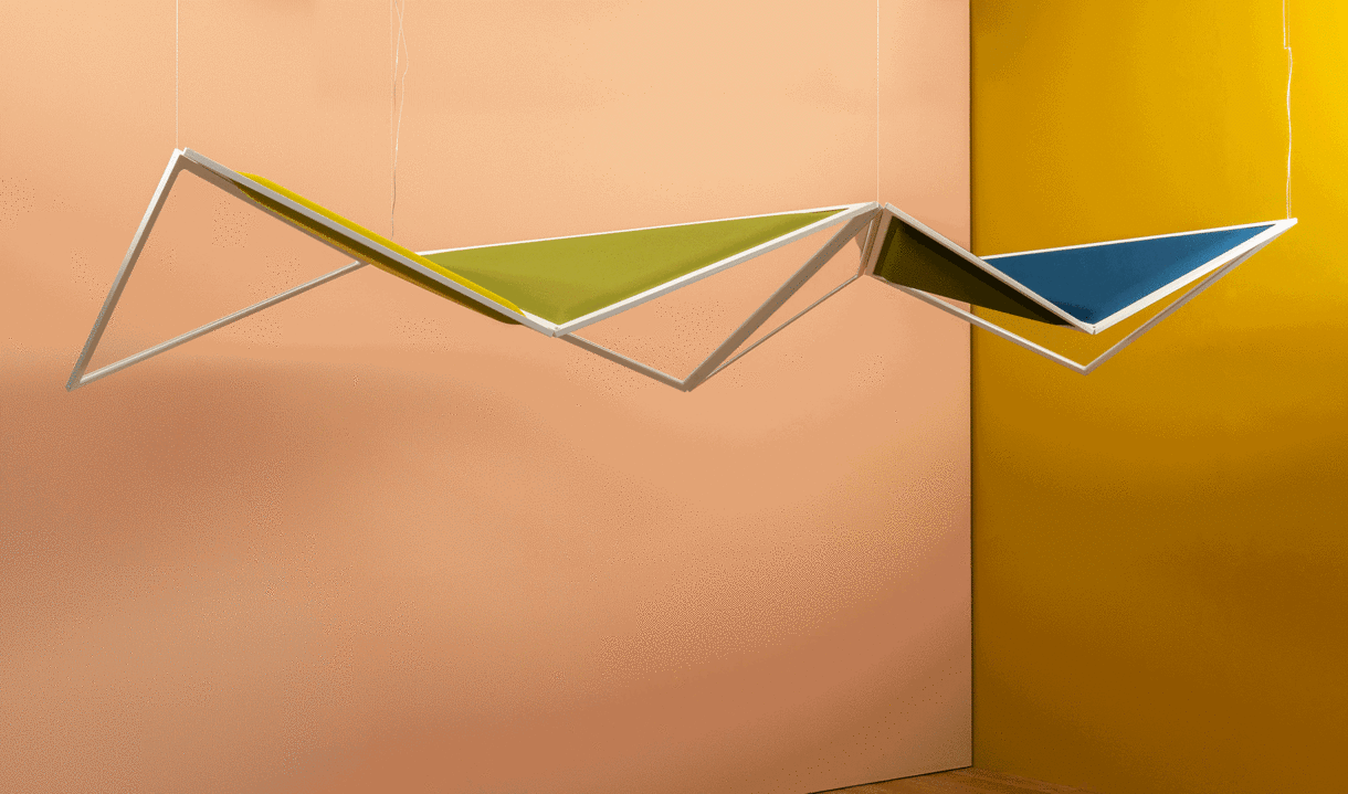 Geometric pendant light with white metal frame forming angular triangular shapes, featuring olive green and blue colored panels, suspended from ceiling